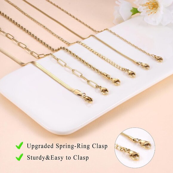 Gold Layered Necklace Set for Women Herringbone Snake Paperclip Chain Jewelry - Picture 7 of 7